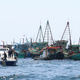 An Indonesian Maritime and Fisheries Ministry patrol boat sails past foreign fishing boats caught operating illegally in Indonesian waters off Datuk Island, West Kalimantan, Indonesia in May 2019.